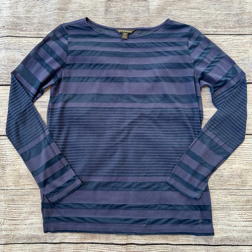 Tommy Bahama Navy Purple Sheer Striped Long Sleeve Knit Top Ladies S